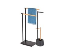 Kit 2 Piantane da Bagno in Acciaio Smaltato e Inserti in Bambù Piantana WC Porta Carta Igienica, Porta Scopino, Porta Asciugamani Accessori Bagno Pratiko Life (Nero)