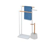 Kit 2 Piantane da Bagno in Acciaio Smaltato e Inserti in Bambù Piantana WC Porta Carta Igienica, Porta Scopino, Porta Asciugamani Accessori Bagno Pratiko Life (Bianco)
