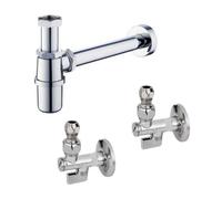 Kit 2 Rubinetti Sottolavabo a Snodo e Sifone a Bottiglia Ottone/Metallo/Acciaio/Alluminio, Cromato, 1 1/4 Pollici, 2 Maniglie, Set Completo con Filtro Montaggio a Parete