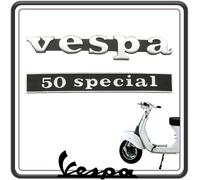 KIT 2 TARGHETTA TARGHETTE SCRITTA LOGO STEMMA POSTERIORE + TARGHETTA ANTERIORE COMPATIBILE PER PIAGGIO VESPA 50 SPECIAL TUTTI I MODELLI.
