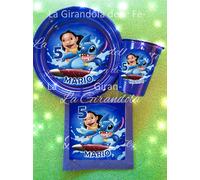 KIT 24 PIATTI BICCHIERI stitch blu personalizzati Festa Party Tavola DECORAZI