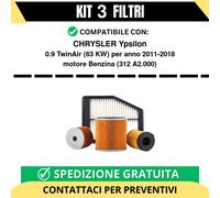 Kit 3 Filtri Tagliando per CHRYSLER Ypsilon 0.9 TwinAir 63 kw Benzina 2011-2018