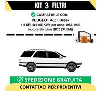 Kit 3 Filtri Tagliando per PEUGEOT 405 I Break 1.6 SRi 4x4 65 kw Benzina 1988...