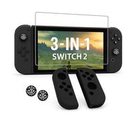 Kit 3-in-1 per Switch 2 - Cover Joy-Con in Silicone + 1 Pellicola Vetro Temperato + 2 Thumb Grips - Protezione Morbida Antiscivolo, Comfort e Controllo per Joy-Con (Nero)