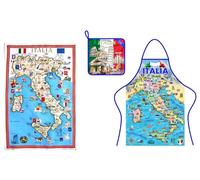 Kit 3 pezzi in cotone Made in Italy, Grembiule, strofinaccio e presina con mappa dell’Italia, Souvenir tipico italiano, idea regalo cucina, accessori tessuto tela, Tipicità italiana, Utile in Cucina