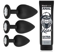 Kit 3 Plug Dildo Anale Silicone Stimolatore Dilatatore Sex Toys Nero Gel 250 ml