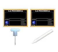 KIT 30 SEGNAPREZZI BIFACCIALI PLASTIFICATI PESCHERIA 11,1X15,6 cm. +30 SUPPORTI +1 PENNARELLO BIANCO PER ALIMENTI
