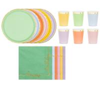 Kit 36 pz Coordinato tavola MULTICOLOR con bordo oro feste bambini - piatti bicc