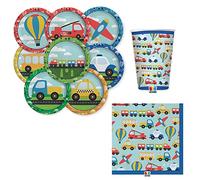 Kit 36pz - coordinato tavolo VEICOLI mezzi - con Mongolfiera, Camion Pompieri, Aereo, Bus, Treno, Macchina Polizia, Taxi, Camion - coordinato Tavola MONOUSO - per festa compleanno Bambini bimbo