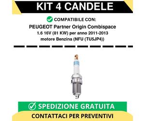 KIT 4 CANDELE per PEUGEOT Partner Origin Combispace 1.6 16V 81 kw anno 2011-2013