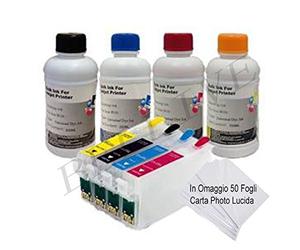 KIT 4 CARTUCCE RICARICABILI CON CHIP AUTORESET+4 X 250ML INCHIOSTRI DI RICARICA COMPATIBILE PER Epson Stylus Office BX 305F / Office BX 305FW / Office BX 305FW Plus / S22 / SX 125 / SX 130 / SX 230 / SX 235 / SX 235W / SX 420W / SX 425W / SX 430W / SX 435W / SX 438W / SX 440W / SX 445W , In Omaggio 50 Fogli Carta Lucida .