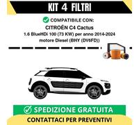 Kit 4 Filtri Tagliando per CITROËN C4 Cactus 1.6 BlueHDi 100 73 kw Diesel 201...