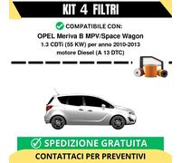 Kit 4 Filtri Tagliando per OPEL Meriva B MPV/Space Wagon 1.3 CDTi 55 kw Diese...