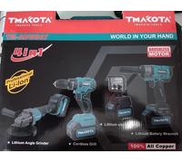 KIT 4in1 18V LITIO Trapano Avvitatore Smerigliatrice Lampada 2x BATTERIE Makota