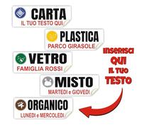 KIT 5 Adesivi Raccolta Differenziata personalizzati - 21x8 cm - Impermeabili, Resistenti e Lavabili - PVC per Bidoni Spazzatura - Testo Personalizzabile con Giorni, Nome Condominio o Famiglia