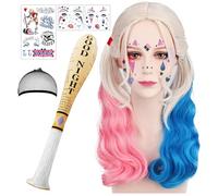 Kit 5 Pezzi Accessorio Costume Regina Clown con Rosa Blu Parrucca, Tatuaggio Temporaneo, Mazza da Baseball Gonfiabile per Carnevale, Halloween, Cosplay dell'eroina del Film per Donne e Ragazze (B)