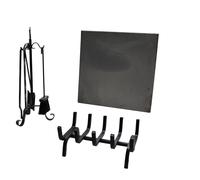 Kit accessori camino stufa trespolo braciere e piana in ghisa grezza a scelta