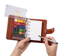 Kit Acquerelli da Viaggio con Sketchbook - 24 Colori, Tavolozza e Pennello da Viaggio, 20 Fogli in Carta 100% Cotone 300 g/m², Copertina in Pelle Vegana, ideale per Urban Sketching, Pittura all'Aperto