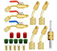 Kit adattatore mini per HVAC 21 pezzi Caratteristiche valvole a sfera in ottone, rimozione nucleo valvola, connettori compatibili R410A, perni di espulsione e guarnizioni per riparazione aria