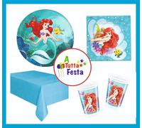 KIT ADDOBBI FESTA COMPLEANNO ARIEL SIRENETTA X8X16X24X32X40 PERSONE PIATTI BIC