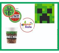KIT ADDOBBI FESTA COMPLEANNO MINECRAFT X8X16X24X32X40 PERSONE PIATTI BICCHIE