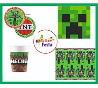 KIT ADDOBBI FESTA COMPLEANNO MINECRAFT X8X16X24X32X40 PERSONE PIATTI BICCHIERI