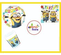 KIT ADDOBBI FESTA COMPLEANNO MINIONS X8X16X24X32X40 PERSONE PIATTI BICCHIERI T