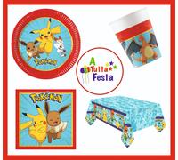 KIT ADDOBBI FESTA COMPLEANNO POKEMON X8X16X24X32X40 PERSONE PIATTI BICCHIERI