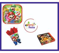 KIT ADDOBBI FESTA COMPLEANNO SUPER MARIO BROS X8X16X24X32X40 PERSONE PIATTI BI