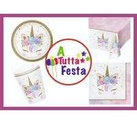 KIT ADDOBBI FESTA COMPLEANNO UNICORNO X8X16X24X32X40 PERSONE PIATTI BICCHIER