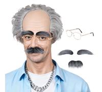 Kit Albert Einstein, Grigio Parrucca Calvo Pelata Baffi Finta Sopracciglio Occhiali, Parrucca da Scienziato, Costumi da Professore Pazzo per Halloween Carnevale Cosplay Festa