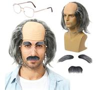 Kit Albert Einstein, Grigio Parrucca Calvo Pelata Baffi Finta Sopracciglio Occhiali, Parrucca da Scienziato, Costumi da Professore Pazzo per Halloween Carnevale Cosplay Festa