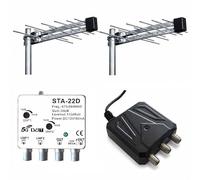 Kit antenna TV DVB-T2 completo di 2 Antenne UHF 20 elementi, Amplificatore da palo con filtro LTE e 5G e alimentatore 12V a 2 uscite Ricezione UHF