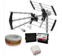 Kit Antenna TV TECATEL + Amplificatore 30dB 2UHF + Alimentazione 2 Uscite + Connessioni + 20m Cavo TV