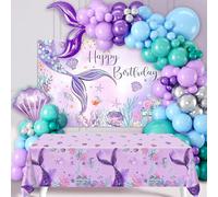 Kit Arco Palloncino Sirena, Palloncini Compleanno La Sirenetta con Palloncini Blu Palloncini Verdi Viola, Tovaglia a Sirena＆ Fondale per Tema Mare, Addobbi Compleanno Bambina, Baby Shower