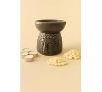 Kit Aromaterapia Zen, Diffusore Buddha in Ceramica Grigio 8x8x9cm, Set con Cuoricini in Cera di Soia Arancia-Cannella e Palo Santo, 4 Tealight