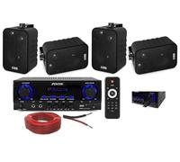 Kit Audio Filodiffusione con Amplificatore 2x50W, 4 Casse da Parete Nere, Telecomando e 50 Metri di Cavo, Bluetooth, USB, SD, Sistema a 2 Vie Bass Reflex