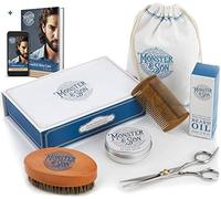 Kit Barba Set Completo 7 Articoli Monster & Son - Kit Per La Cura Barba Uomo Contiene Olio Per Barba Balsamo Spazzola Pettine Forbici Borsellino Da Viaggio - Solo Materiali Naturali Altissima Qualità