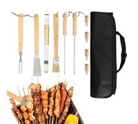 Kit Barbecue | Set completo di utensili da barbecue con manico in legno, utensili da cucina portatili in acciaio inossidabile con spatola e pinza per viaggio, compleanno e giardino