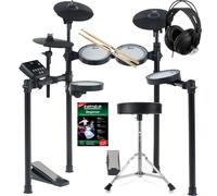 XDrum DD-460C E-Drum Kit Home Set - Batteria elettronica compatta - 25 kit e 15 brani - Mesh Heads - Set risparmio con sgabello, cuffie, bacchette e scuola - Nero