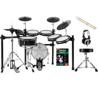 XDrum DD-650 PLUS Mesh E-Drum Kit - batteria elettronica con vera HiHat - pad rullante 14" e pad cassa 14" in legno - 720 suoni - incl. rack, sgabello, cuffie, bacchette e scuola - Black Sparkle