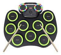 Kit batteria elettronica portatile, pieghevole, arrotolabile, con cuffie e altoparlanti integrati, 2 pedali, con luce LED e connessione Bluetooth, ideale per bambini/principianti (verde A)