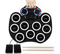 Kit batteria elettronica portatile, pieghevole, arrotolabile, con cuffie e altoparlanti integrati, 2 pedali, con luce LED e connessione Bluetooth, ideale per bambini/principianti (bianco A)