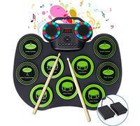 Kit batteria elettronica portatile, pieghevole, con cuffie e altoparlanti integrati, 2 pedali, con luce LED e connessione Bluetooth, ideale per bambini/principianti (verde chiaro)