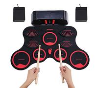 Kit batteria elettronico portatile, pieghevole arrotolabile con cuffie e altoparlanti integrati, 2 pedali per batteria, cuffie USB/carica batteria, ideale per bambini/principianti (rosso)