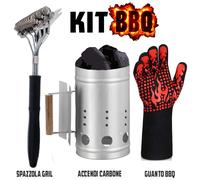 KIT BBQ BARBECUE ACCENDI CARBONE STARTER GUANTO TERMICO E SPAZZOLA PULIZIA GRIL