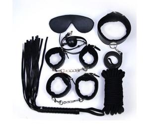 Kit Bondage in Ecopelle Nera Set Manette Corda benda Collare Frusta e Ball Gag