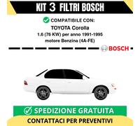 KIT BOSCH 3 Filtri tagliando per TOYOTA Corolla 1.6 76 kw Benzina 1991-1995
