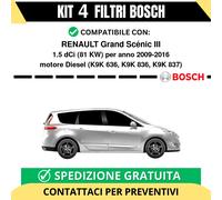 KIT BOSCH 4 Filtri tagliando per RENAULT Grand Scénic III 1.5 dCi 81 kw Diese...
