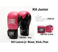 Kit Boxe Bambini LEONE Guantoni 6oz Fasce 2,5m Paradenti Junior Kick Thai Fuxia